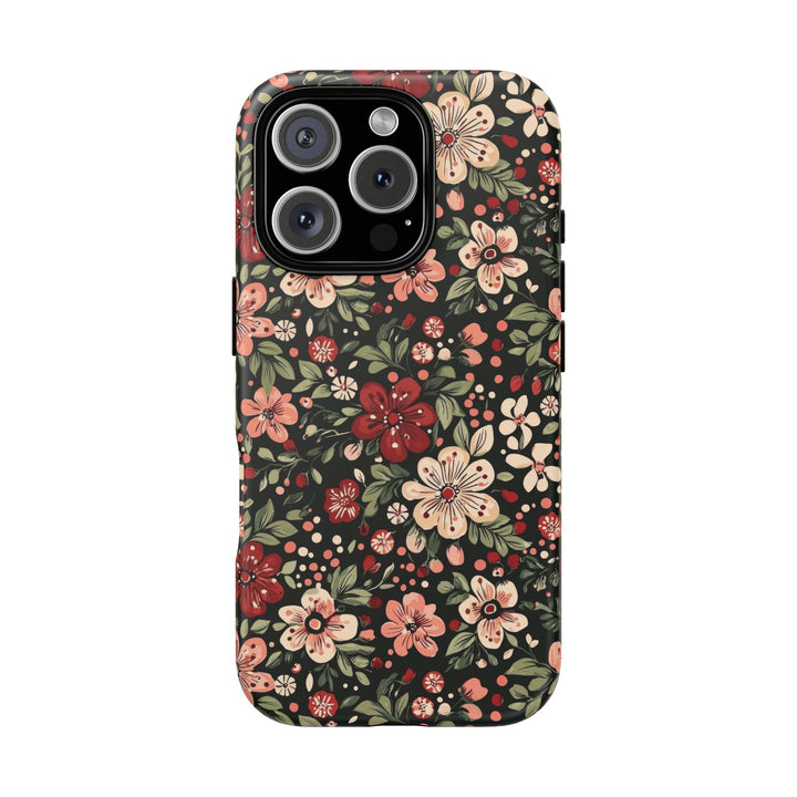 Retro Christmas Floral Tough iPhone Case, Dark Botanical Pink Red Flower Phone Cover, Matte or Glossy