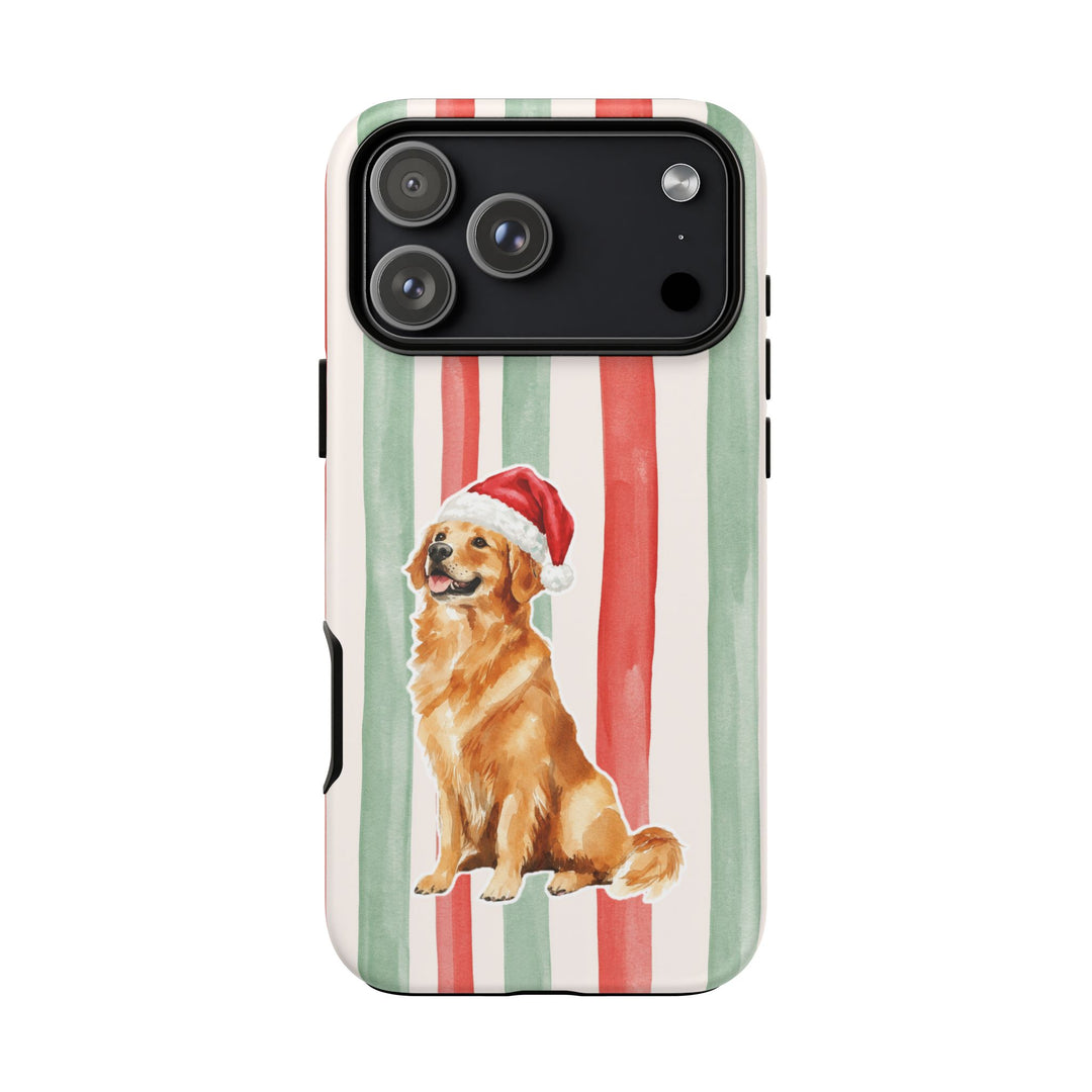 Golden Retriever Christmas Tough iPhone Case, Red Sage Stripes, Santa Dog Phone Cover