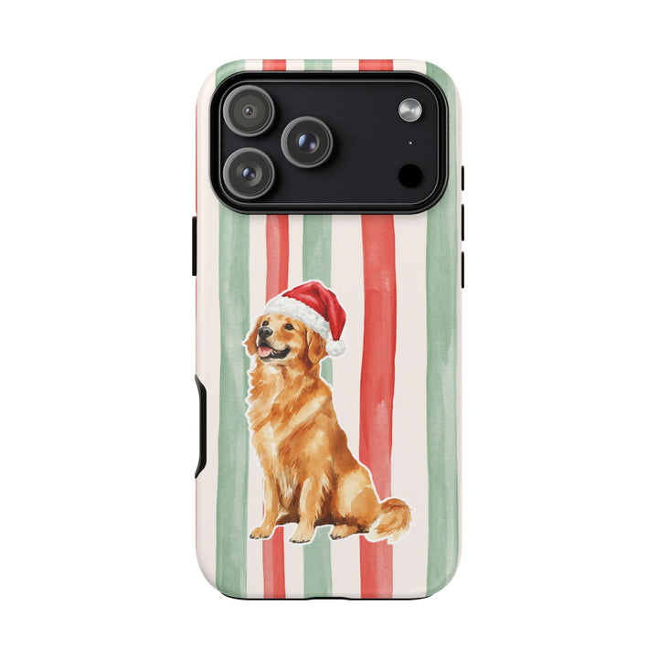 Golden Retriever Christmas Tough iPhone Case, Red Sage Stripes, Santa Dog Phone Cover