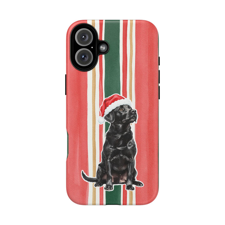 Black Labrador Christmas Tough iPhone Case, Classic Red Green Stripes, Santa Dog Phone Cover