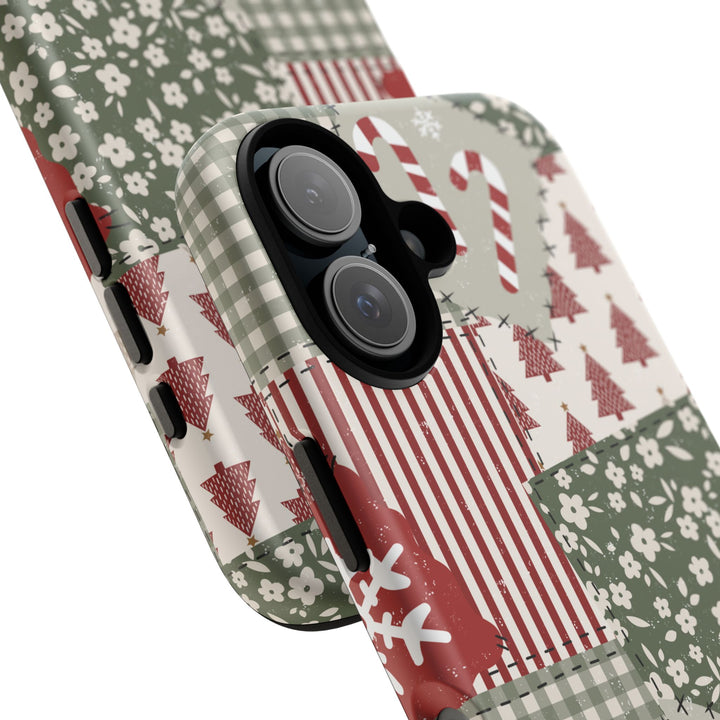 Christmas Patchwork Tough iPhone Case, Red Sage Floral Gingham Holiday Phone Cover, Matte or Glossy