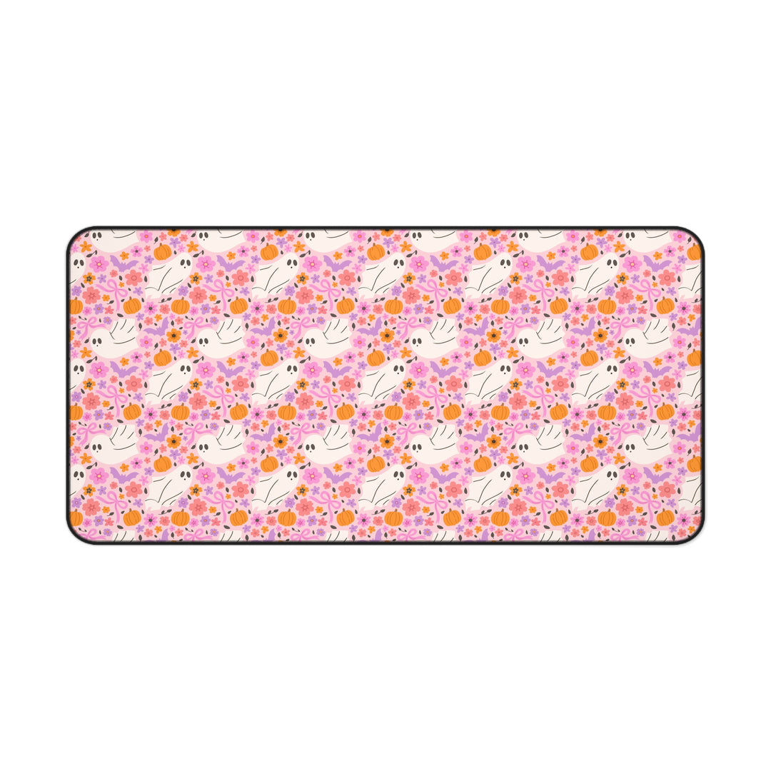 Pink Floral Ghost Desk Mat, Cute Halloween Pumpkin and Bat Desk Pad, Pastel Spooky Large Mouse Pad