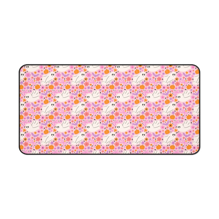 Pink Floral Ghost Desk Mat, Cute Halloween Pumpkin and Bat Desk Pad, Pastel Spooky Large Mouse Pad