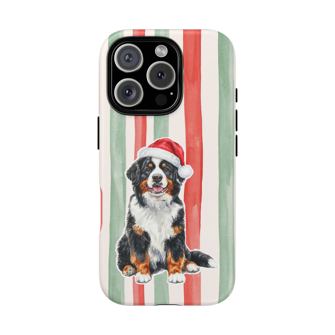 Bernese Mountain Dog Christmas Tough iPhone Case, Red Sage Stripes, Santa Dog Phone Cover