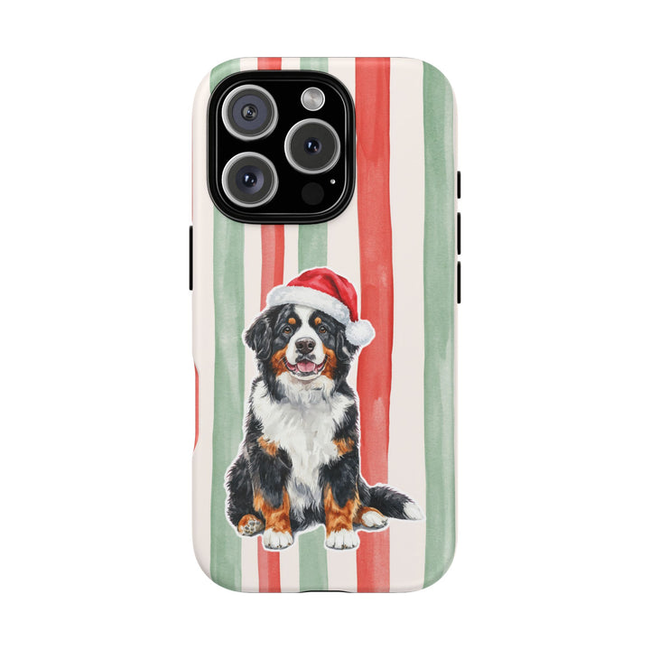 Bernese Mountain Dog Christmas Tough iPhone Case, Red Sage Stripes, Santa Dog Phone Cover