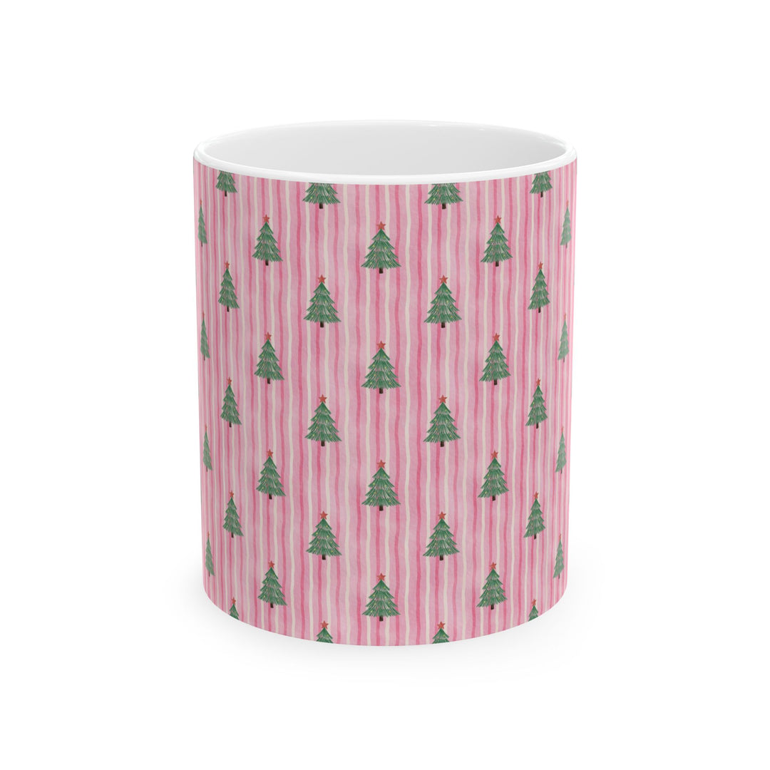 Pink Watercolor Christmas Tree Ceramic Mug, Striped Holiday Coffee Cup, Pastel Christmas Gift, 11oz and 15oz
