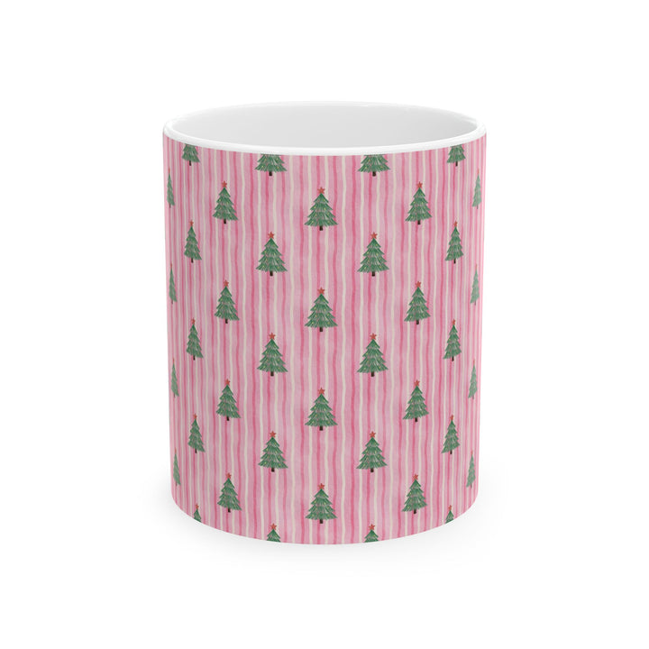 Pink Watercolor Christmas Tree Ceramic Mug, Striped Holiday Coffee Cup, Pastel Christmas Gift, 11oz and 15oz