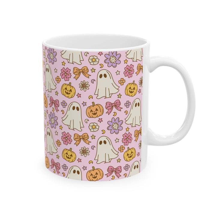 Pink Ghost Bow Ceramic Mug, Floral Pumpkin Halloween Coffee Cup, Cute Pastel Spooky Gift, 11oz and 15oz