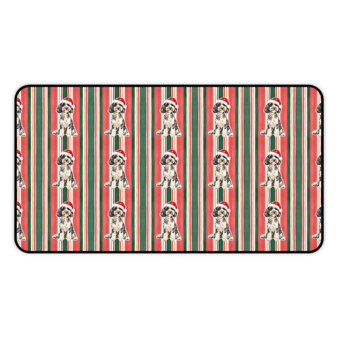 Doodle Christmas Desk Mat, Classic Red Green Stripes, Santa Dog Desk Pad