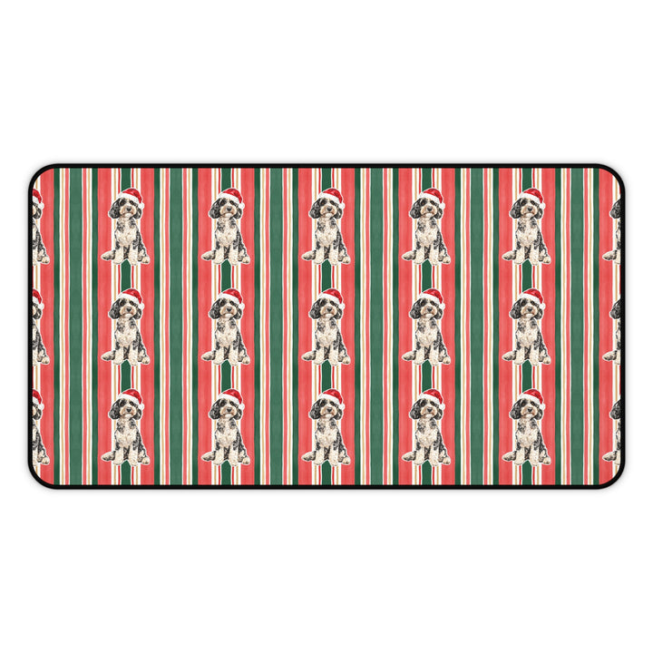 Doodle Christmas Desk Mat, Classic Red Green Stripes, Santa Dog Desk Pad