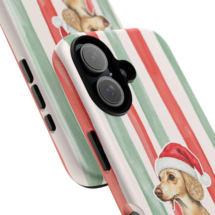 Dachshund Christmas Tough iPhone Case, Red Sage Stripes, Santa Dog Phone Cover