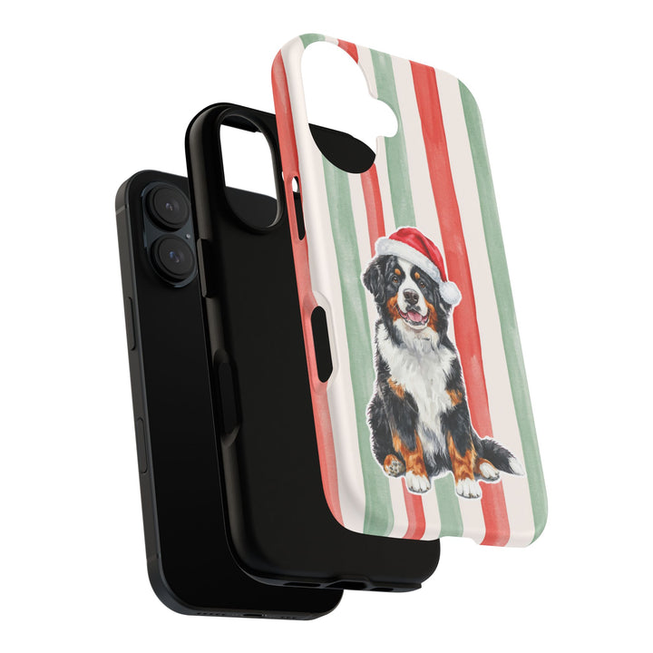 Bernese Mountain Dog Christmas Tough iPhone Case, Red Sage Stripes, Santa Dog Phone Cover