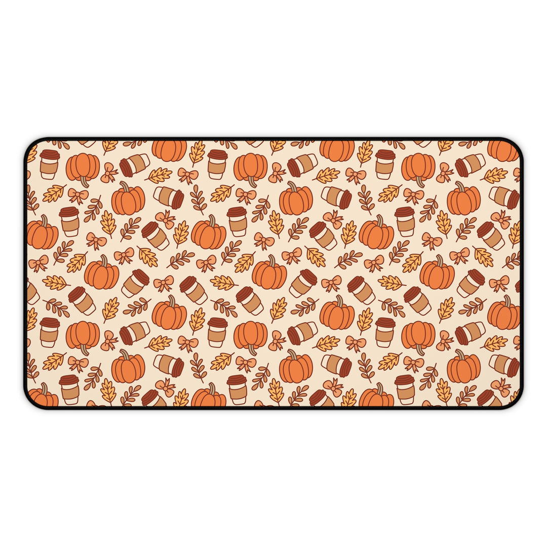 Fall Pumpkin Coffee Desk Mat, Autumn Leaves and Bows Desk Pad, Cozy Large Mouse Pad