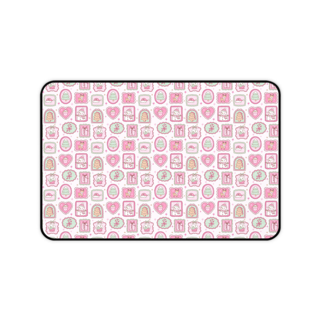 Pink Christmas Frames Desk Mat, Pastel Snowman and Reindeer Desk Pad, Cute Holiday Large Mouse Pad