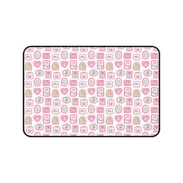 Pink Christmas Frames Desk Mat, Pastel Snowman and Reindeer Desk Pad, Cute Holiday Large Mouse Pad