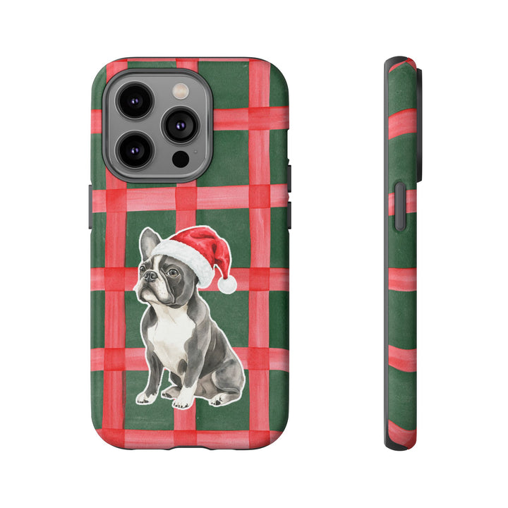 French Bulldog Christmas Tough iPhone Case, Red Green Plaid, Santa Dog Phone Cover