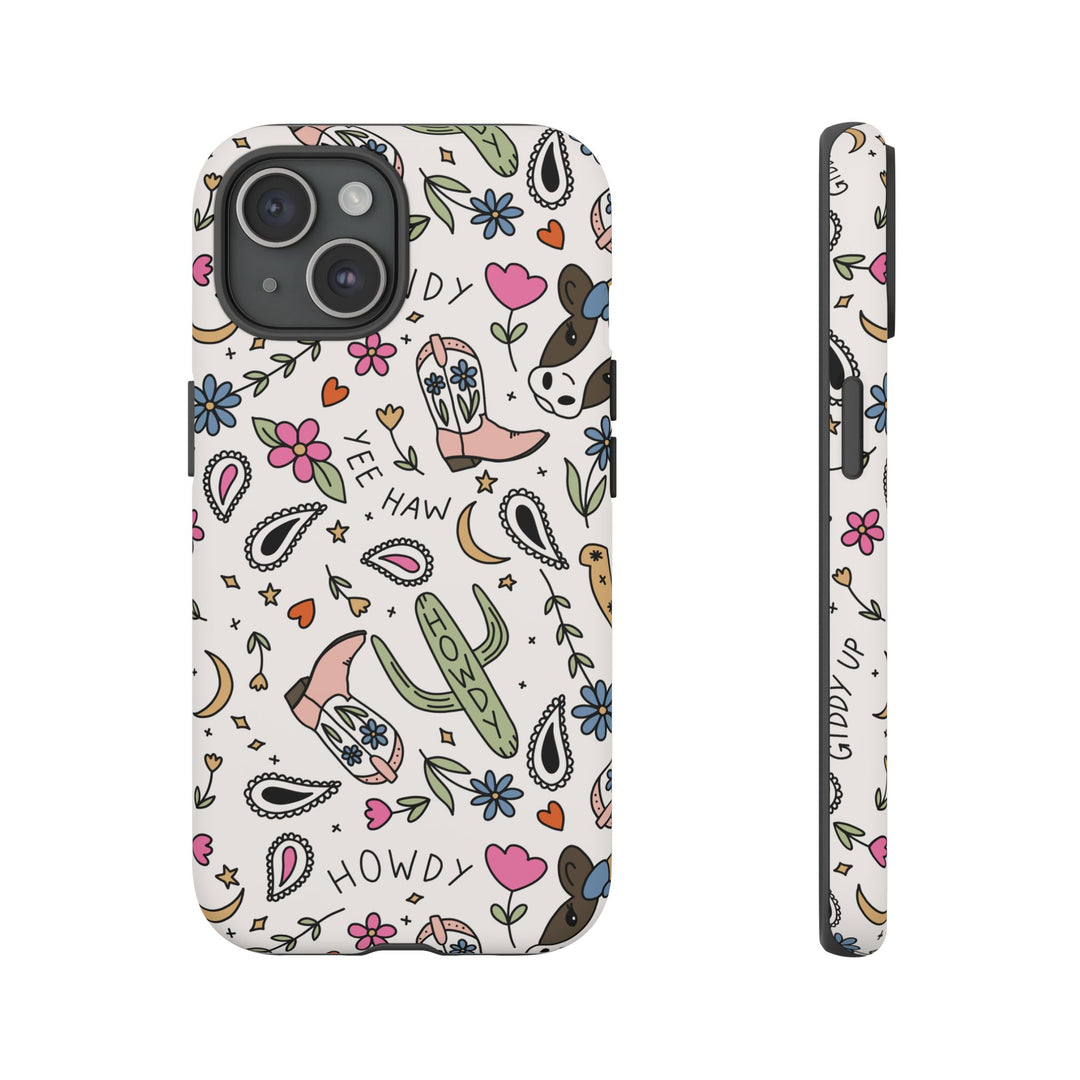 Western Cowgirl Tough iPhone Case, Pink Cowboy Boots and Howdy Phone Cover, Matte or Glossy