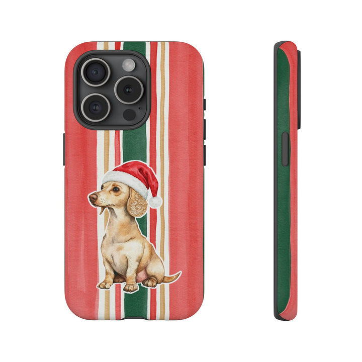 Dachshund Christmas Tough iPhone Case, Classic Red Green Stripes, Santa Dog Phone Cover