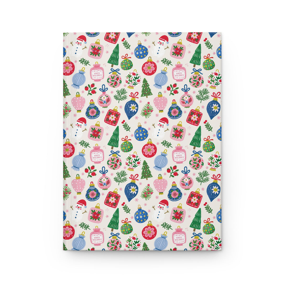 Colorful Christmas Ornament Hardcover Notebook, Pink Blue Holiday Lined Journal, Festive Bauble Stationery Gift