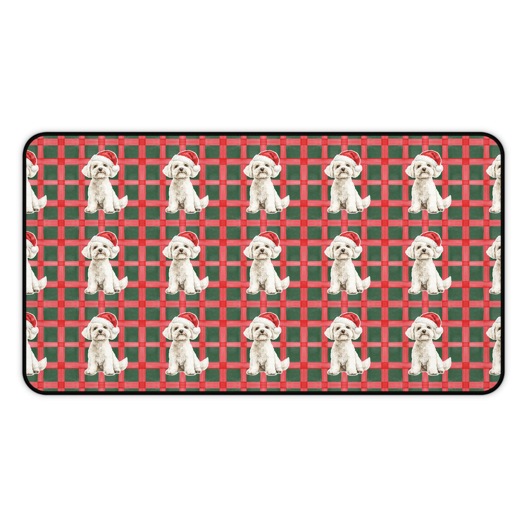 Maltese Christmas Desk Mat, Red Green Plaid, Santa Dog Desk Pad