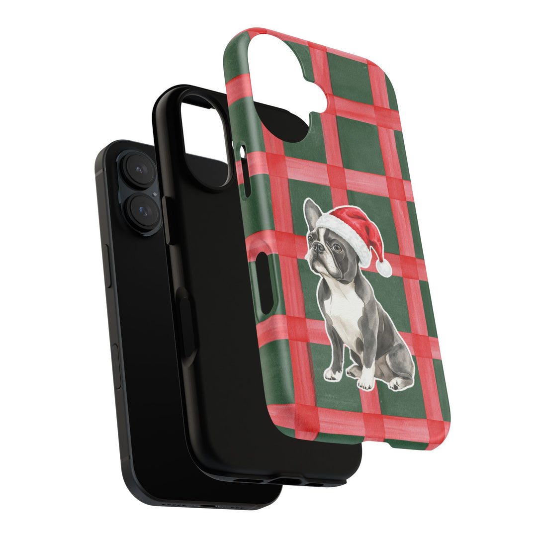 French Bulldog Christmas Tough iPhone Case, Red Green Plaid, Santa Dog Phone Cover