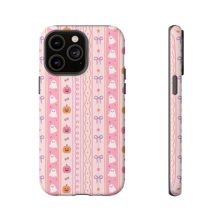 Pastel Halloween Stripe Tough iPhone Case, Pink Ghost Pumpkin Lavender Bow Phone Cover, Matte or Glossy