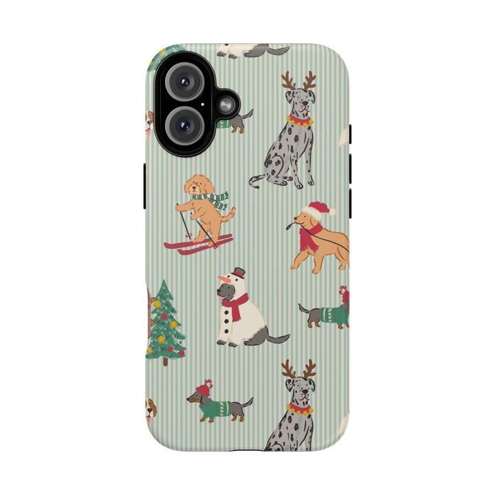 Christmas Dogs Tough iPhone Case, Green Stripe Holiday Dog Phone Cover, Matte or Glossy