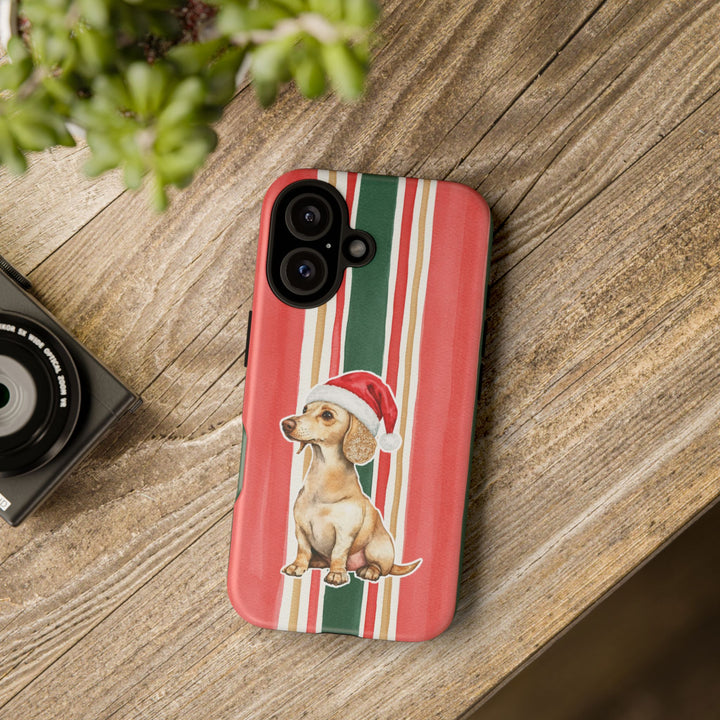 Dachshund Christmas Tough iPhone Case, Classic Red Green Stripes, Santa Dog Phone Cover