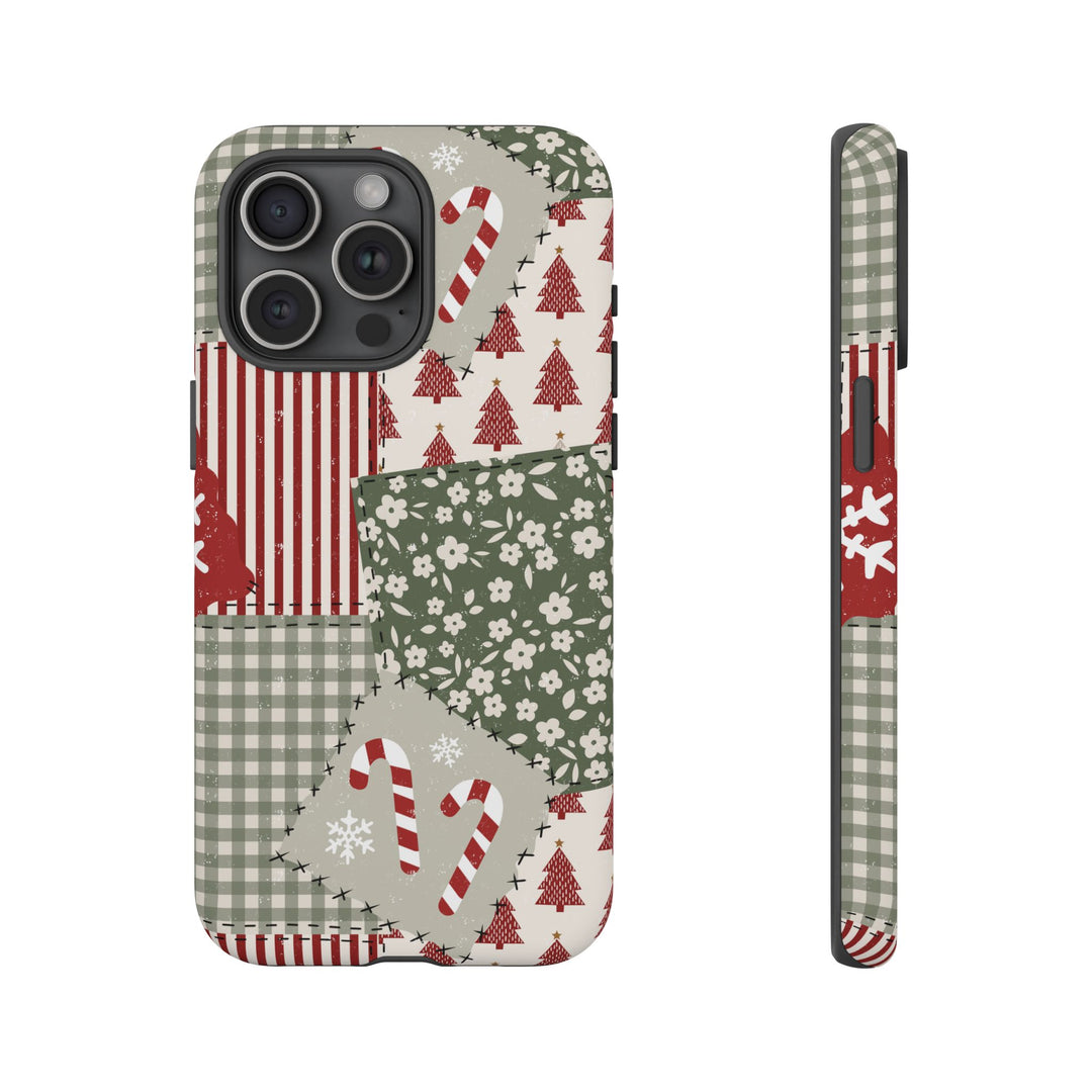 Christmas Patchwork Tough iPhone Case, Red Sage Floral Gingham Holiday Phone Cover, Matte or Glossy