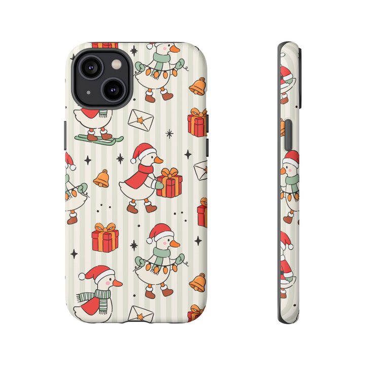 Christmas Goose Tough iPhone Case, Cute Holiday Geese Green Stripe Phone Cover, Matte or Glossy