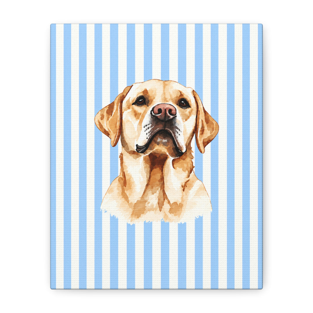 Yellow Lab Canvas Wall Art, Blue Stripe Labrador Stretched Canvas, Lab Mom Gift