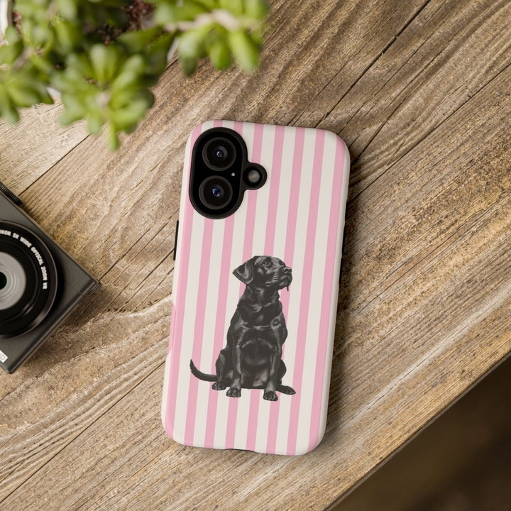 Black Lab iPhone Case, Pink Stripe Tough Phone Cover, Labrador Mom Gift