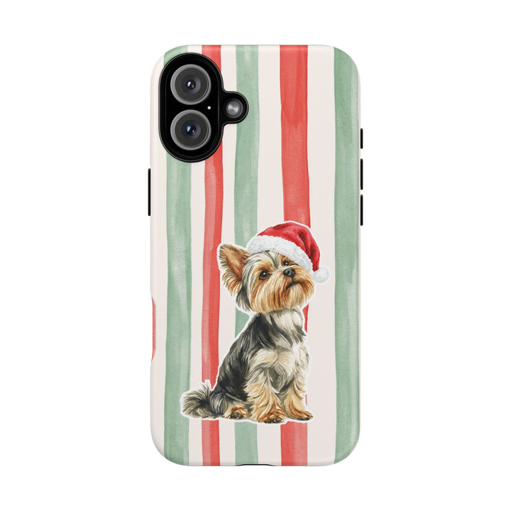 Yorkshire Terrier Christmas Tough iPhone Case, Red Sage Stripes, Santa Dog Phone Cover