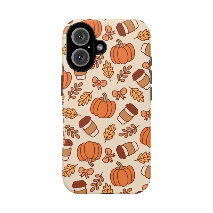 Pumpkin Coffee Tough iPhone Case, Fall Leaves and Bows Autumn Phone Cover, Matte or Glossy