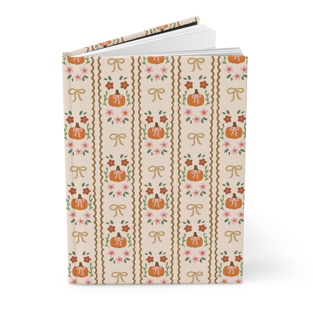 Girly Fall Pumpkin Bow Hardcover Notebook, Scalloped Floral Lined Journal, Autumn Stationery Gift