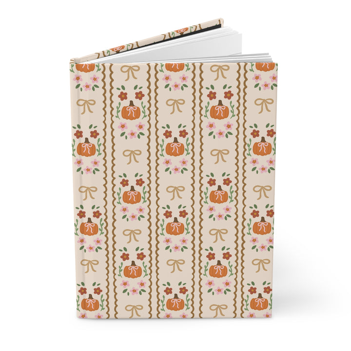 Girly Fall Pumpkin Bow Hardcover Notebook, Scalloped Floral Lined Journal, Autumn Stationery Gift