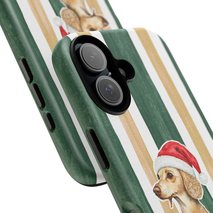 Dachshund Christmas Tough iPhone Case, Green Gold Stripes, Santa Dog Phone Cover