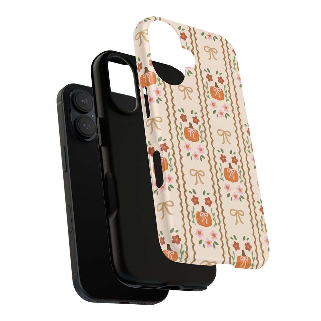 Girly Fall Pumpkin Bow Tough iPhone Case, Scalloped Floral Autumn Phone Cover, Matte or Glossy