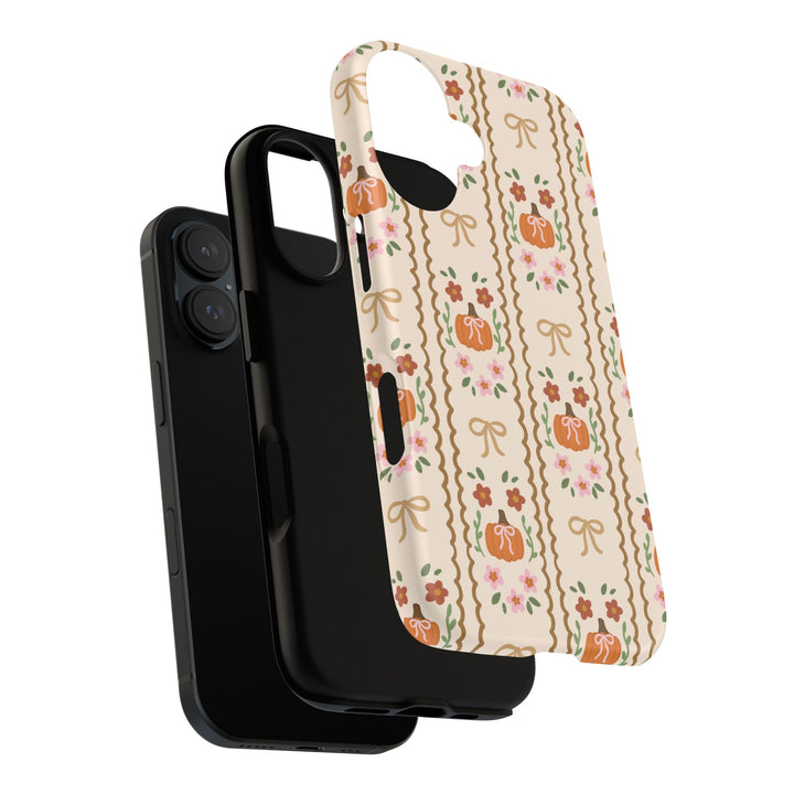 Girly Fall Pumpkin Bow Tough iPhone Case, Scalloped Floral Autumn Phone Cover, Matte or Glossy