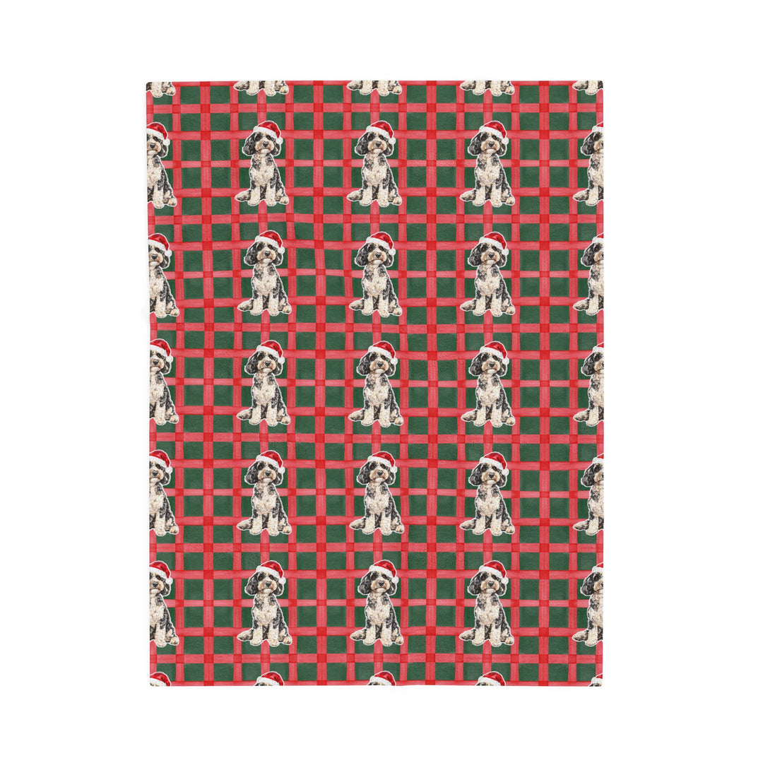 Doodle Christmas Velveteen Plush Blanket, Red Green Plaid, Santa Dog Throw