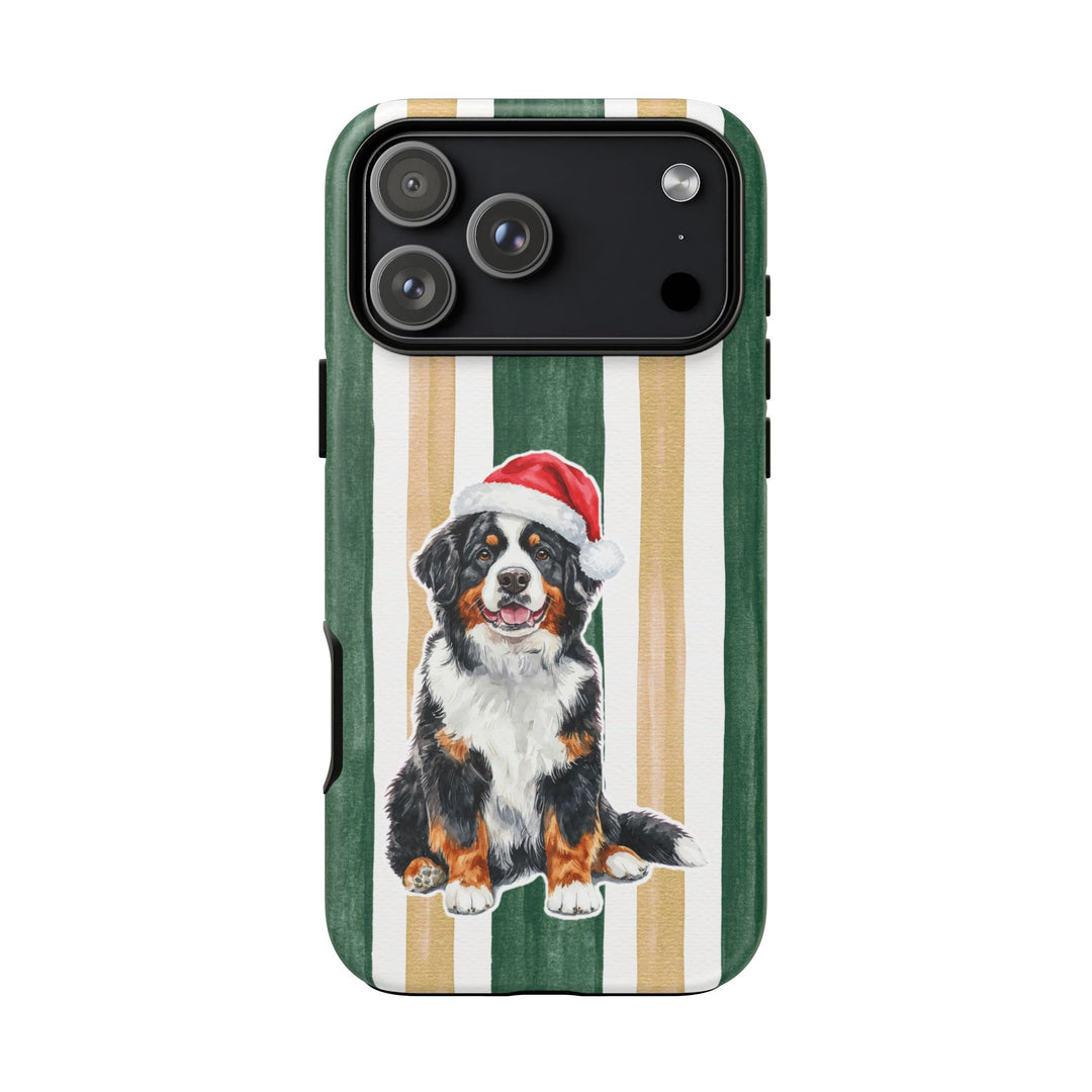 Bernese Mountain Dog Christmas Tough iPhone Case, Green Gold Stripes, Santa Dog Phone Cover