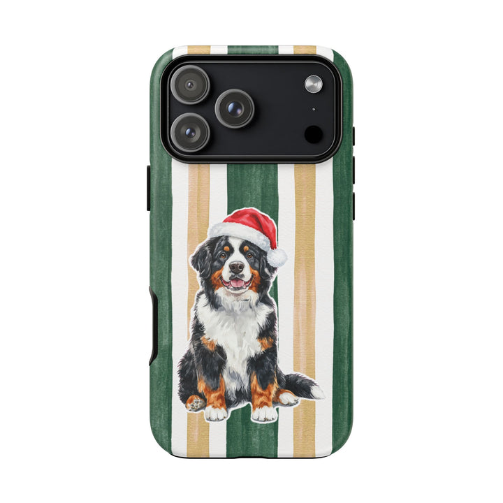 Bernese Mountain Dog Christmas Tough iPhone Case, Green Gold Stripes, Santa Dog Phone Cover
