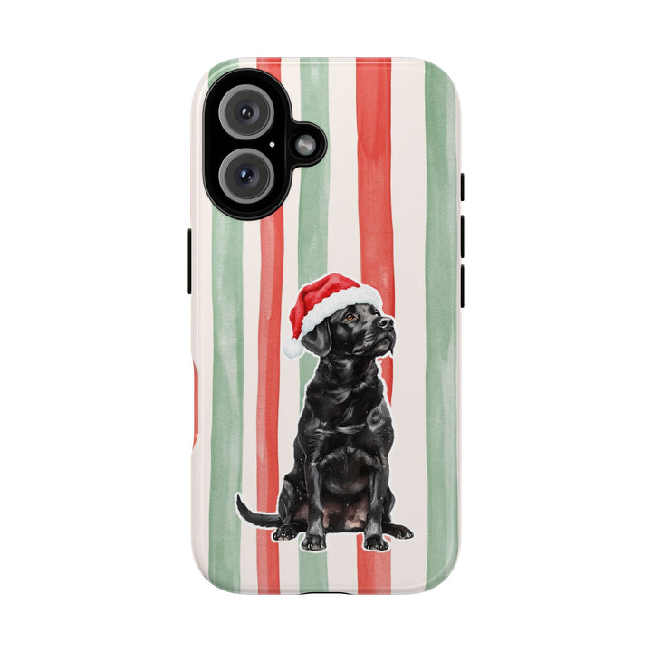 Black Labrador Christmas Tough iPhone Case, Red Sage Stripes, Santa Dog Phone Cover