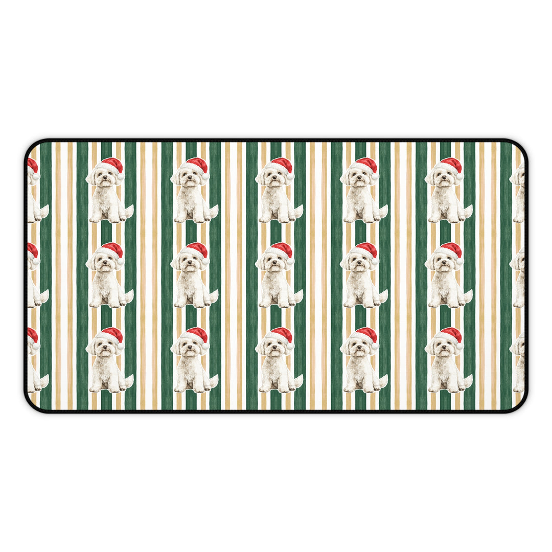 Maltese Christmas Desk Mat, Green Gold Stripes, Santa Dog Desk Pad