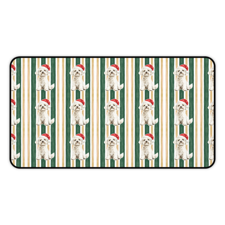 Maltese Christmas Desk Mat, Green Gold Stripes, Santa Dog Desk Pad