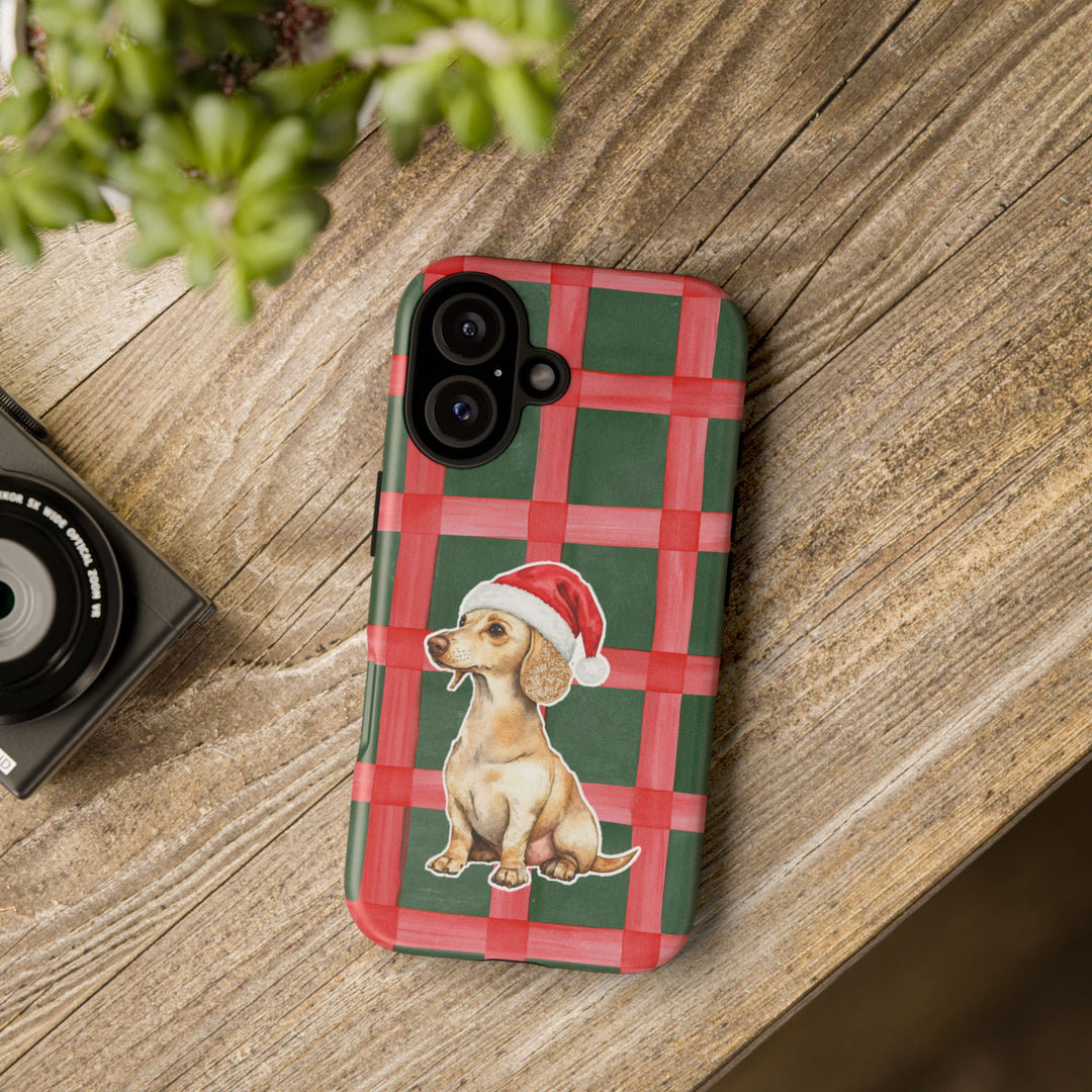 Dachshund Christmas Tough iPhone Case, Red Green Plaid, Santa Dog Phone Cover