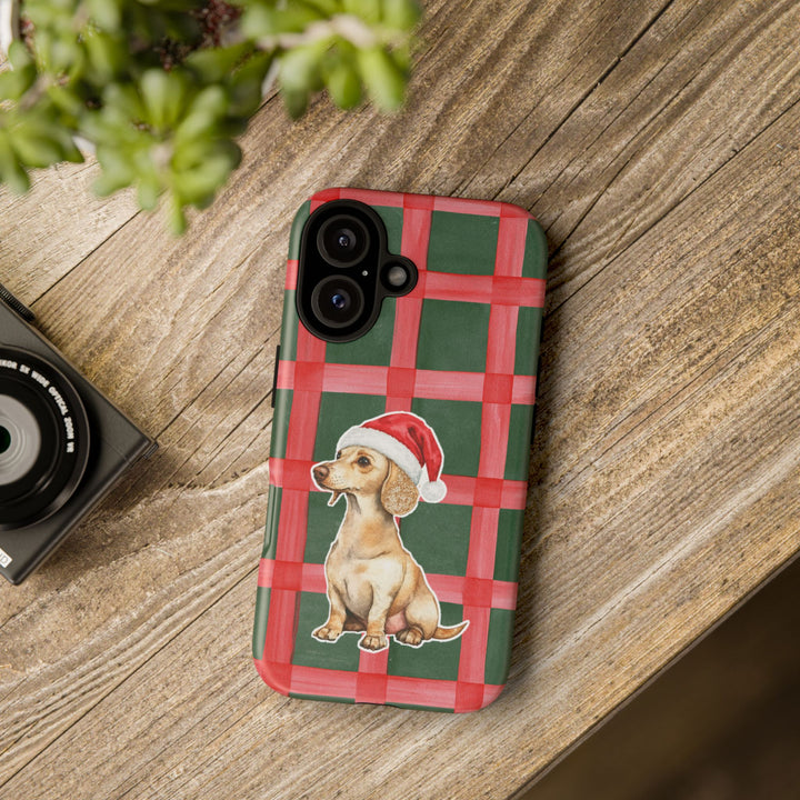 Dachshund Christmas Tough iPhone Case, Red Green Plaid, Santa Dog Phone Cover