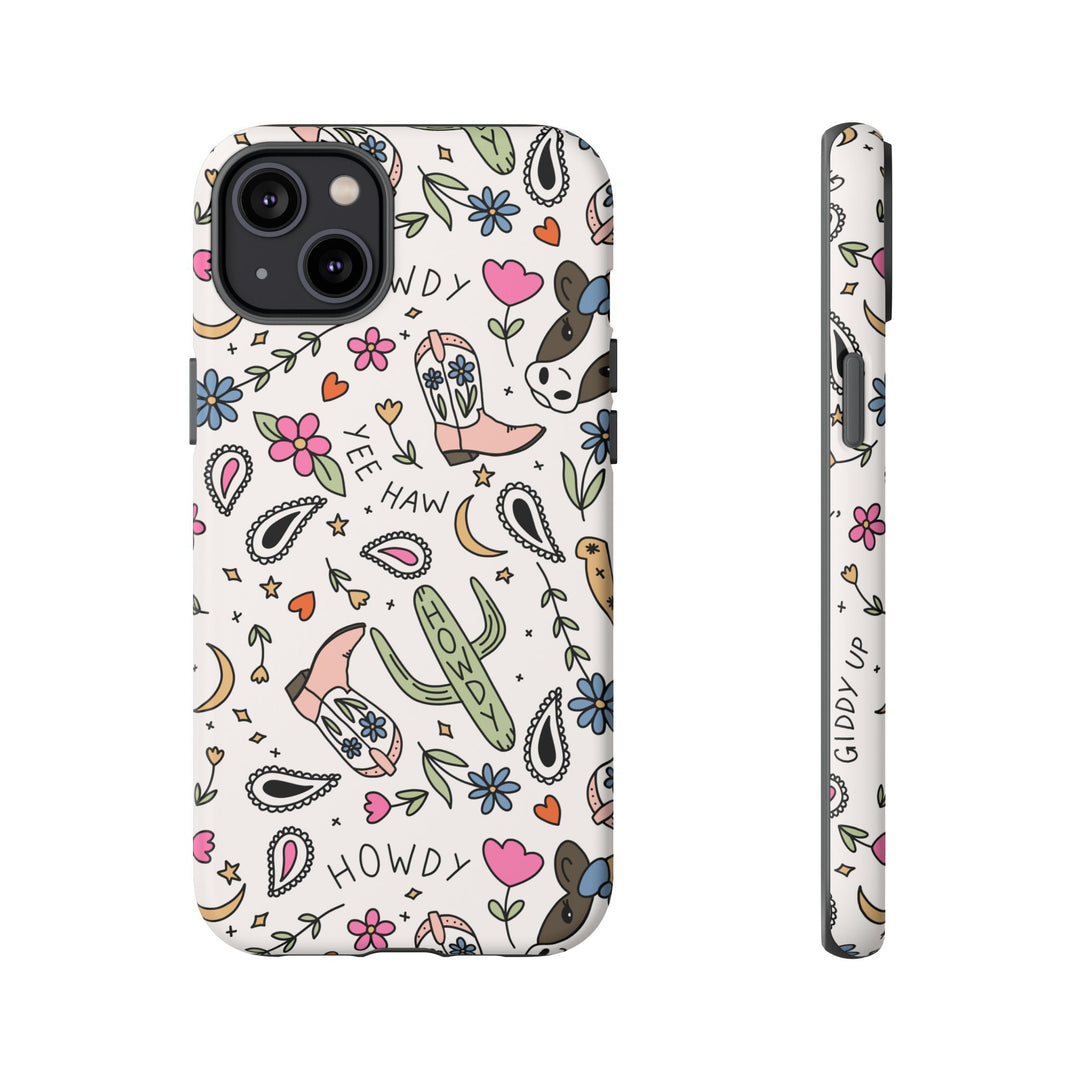 Western Cowgirl Tough iPhone Case, Pink Cowboy Boots and Howdy Phone Cover, Matte or Glossy