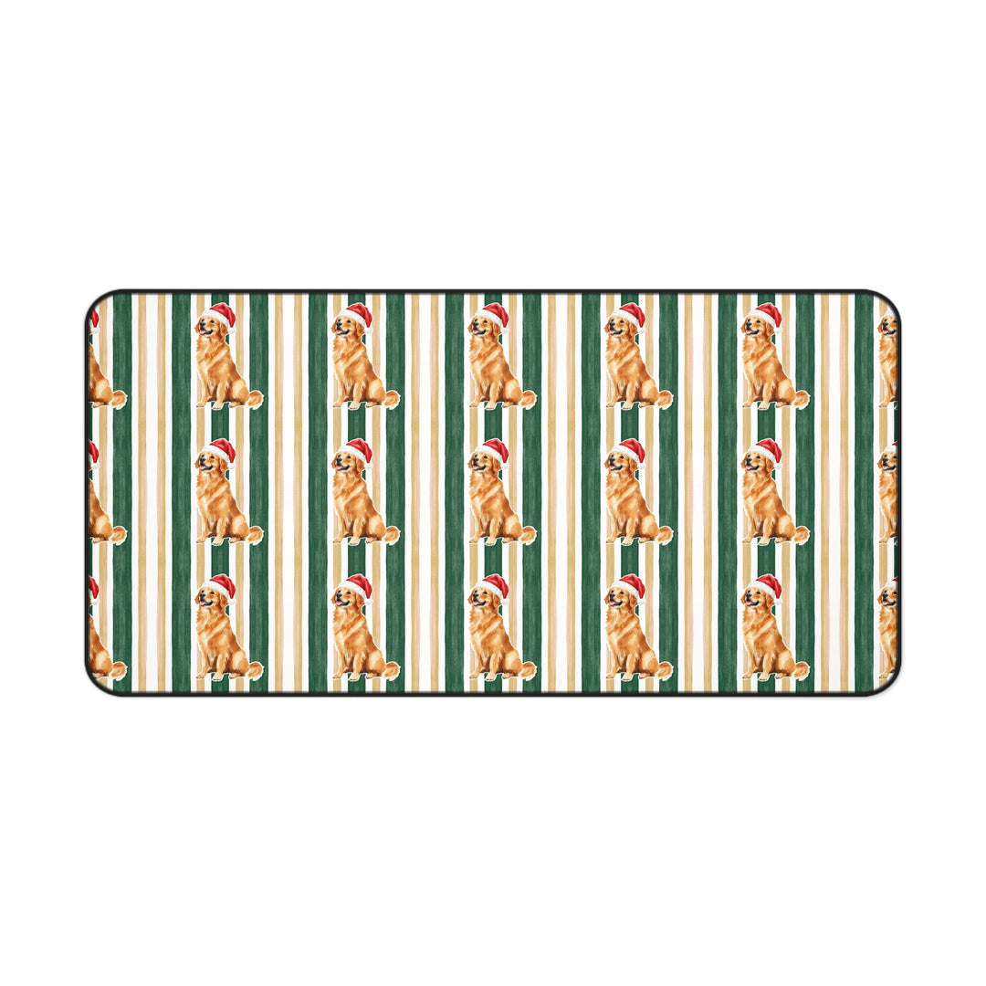 Golden Retriever Christmas Desk Mat, Green Gold Stripes, Santa Dog Desk Pad