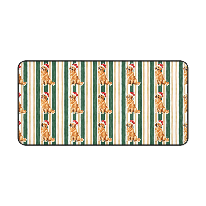 Golden Retriever Christmas Desk Mat, Green Gold Stripes, Santa Dog Desk Pad
